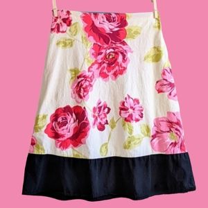 Vintage Bold Tropical Floral Print Skirt Pink Red Black Colorblock Hem